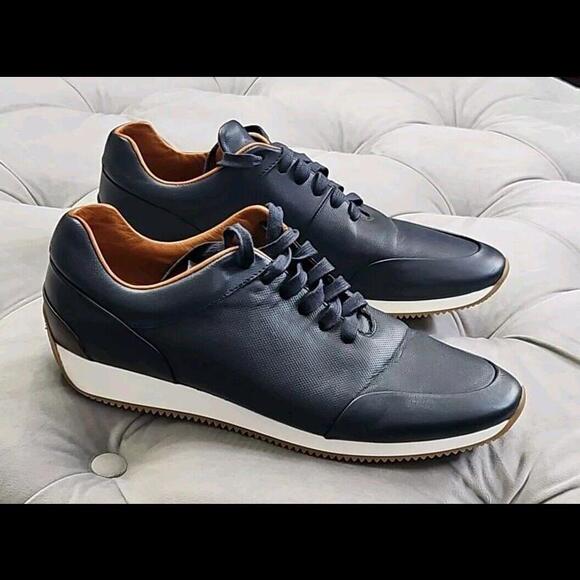 Massimo Dutti Navy Blue Leather Trainers Sneakers Mens Athletic